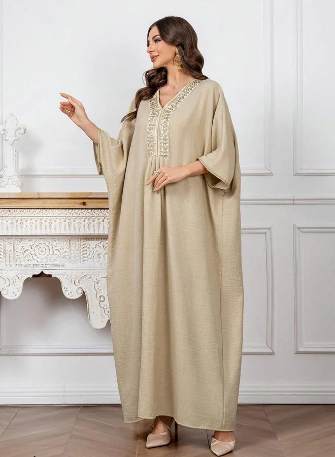 Take Two beige Women Beige Embroidered Batwing Sleeve Jalabiya for Women | Best Price UAE